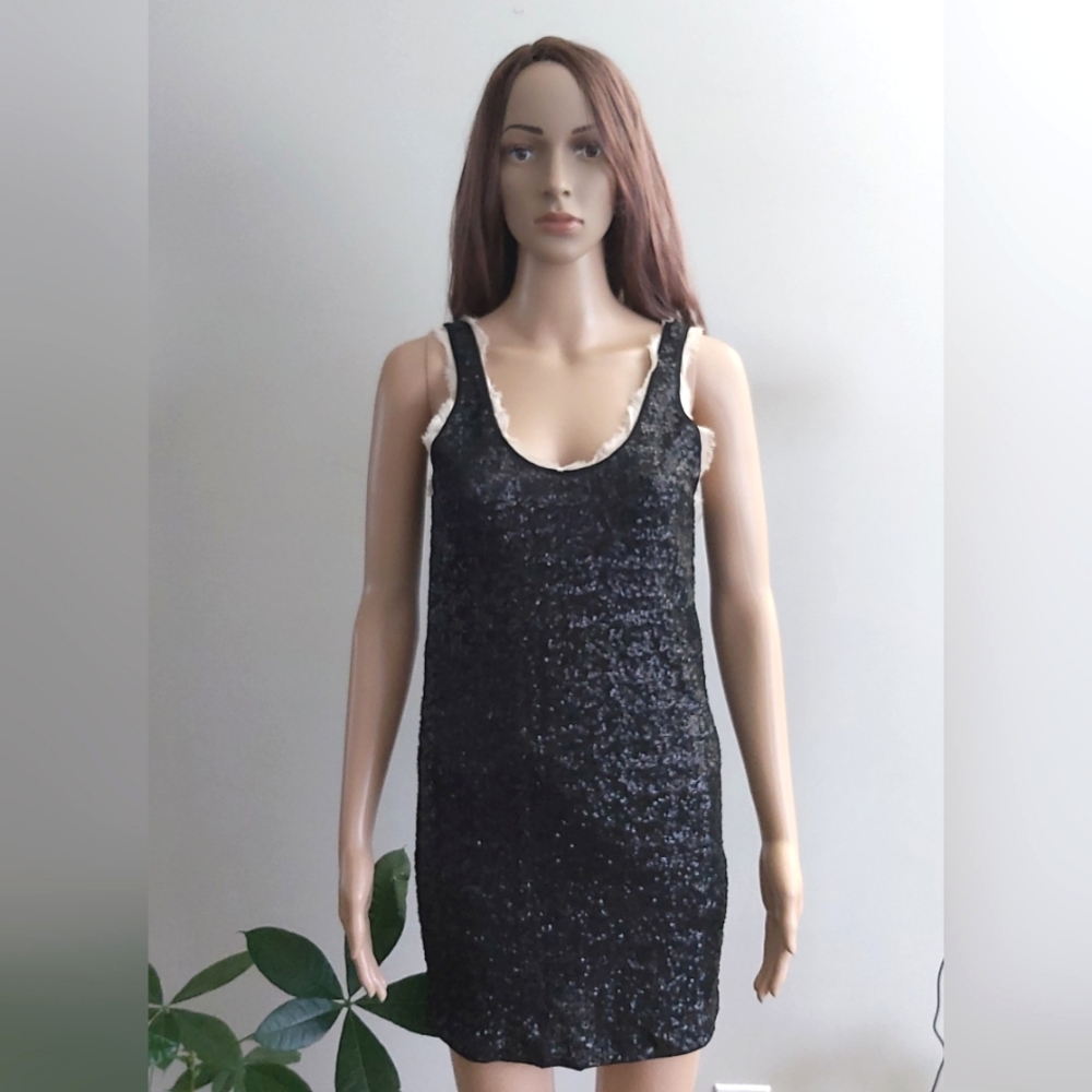 Wilfred sequin dress XXS black sleeveless silk bodycon mini low back